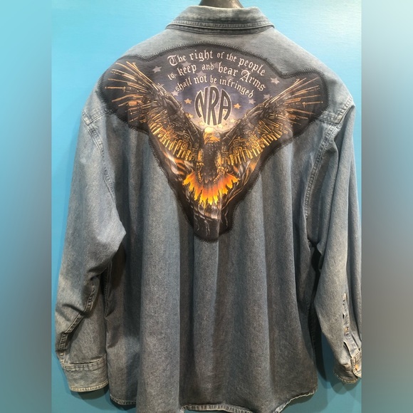 Handmade denim shacket eagle RIGHT TO BEAR ARMS mens XL runs large ptp 27 - Picture 2 of 13